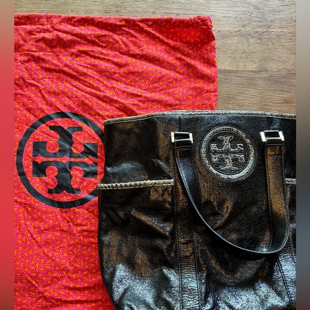 Tory Burch Black Leather Python Trimmed Tote Bag - image 4